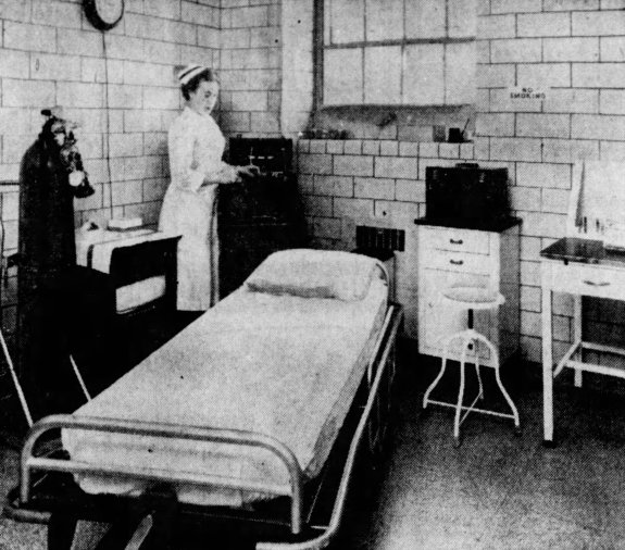 Registered Nurse, Miss Helen Parrish in the electric shock room of the new outpatient department. Blakeslee, Dennis. "Lady of Peace opens revamped facilities." The Courier-Journal, 13 February 1961, p. 13.